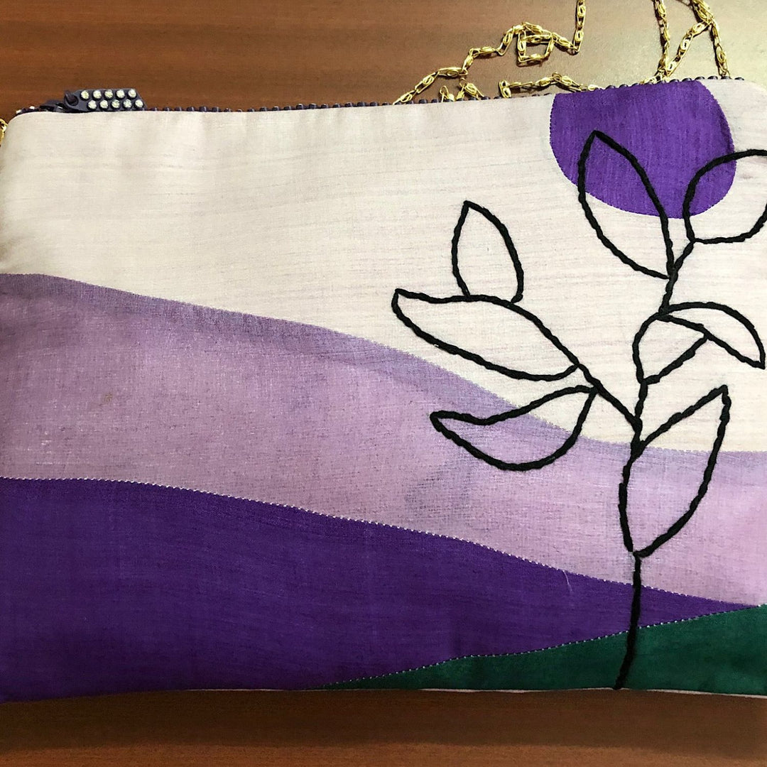 Purple Tussar Sling-cum-Clutch Bag | Floral Hand-Embroidered