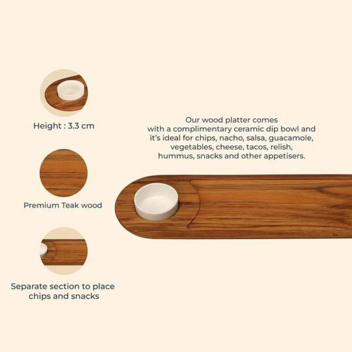 Cresta Chip & Dip Platter With Ceramic Bowl | Premium Teak Wood | 16 Inch