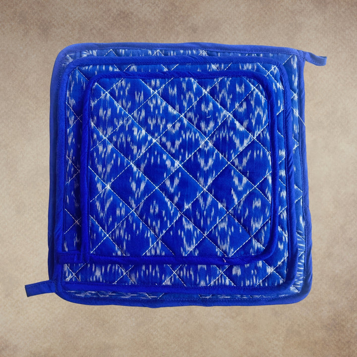 Blue Ikat Quilted Pot Holders | Hand-Crafted Kitchen Linen | Set of 3