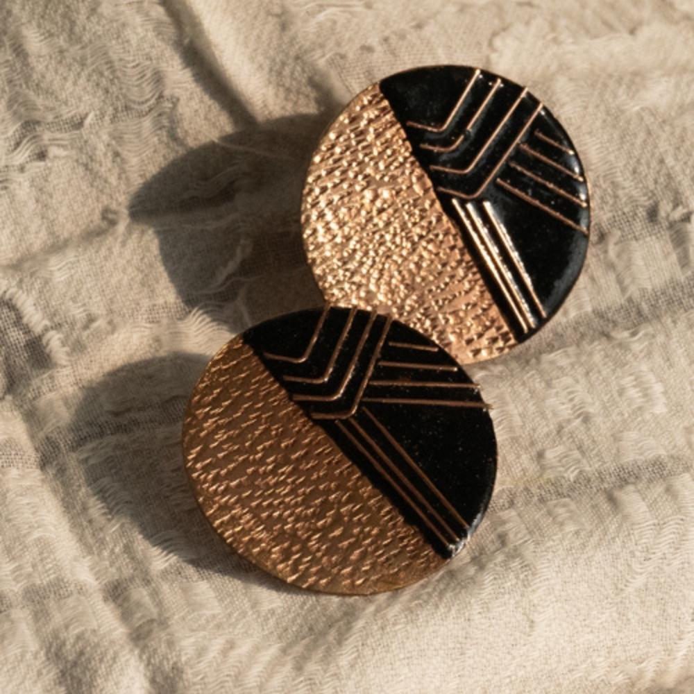 Suntop Stud Copper Enamel Earring | Hand-crafted | Black & Golden