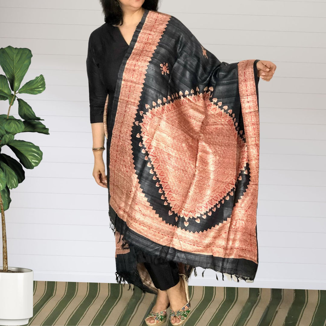 Agalya Madhubani Painted Tussar Dupatta | Artistic | Statement Drape | Black