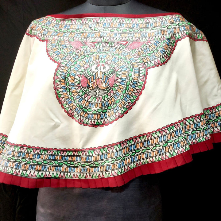 Hand Painted Fishy Cape | Tussar Eri Silk | Madhubani-Art | Beige