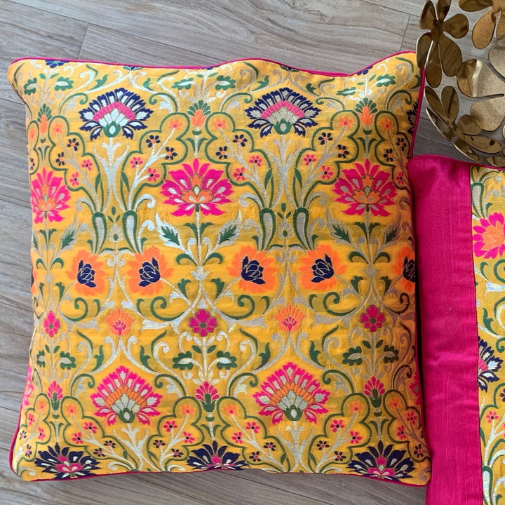 Mustard Yellow Banarasi Cushion Cover | Meenakari Design | 16" x 16"