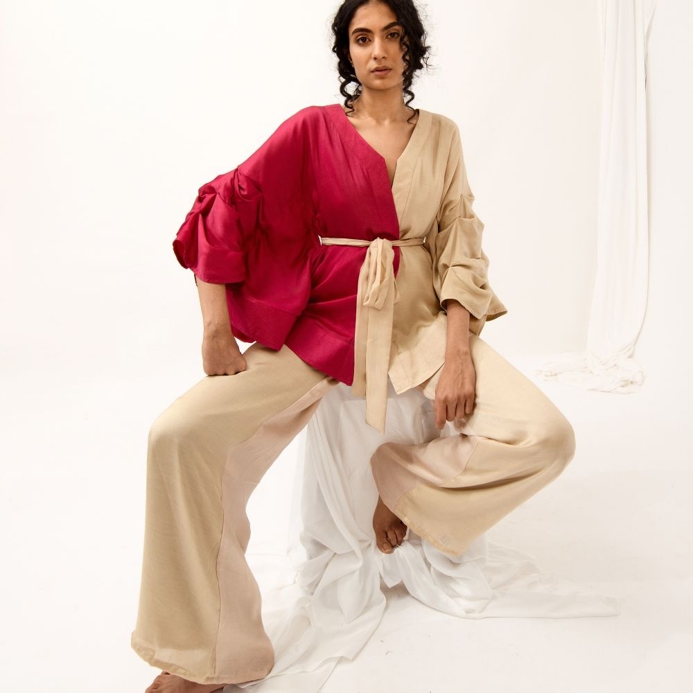 Berry And Ecru Colour Block Cape Co-ord Set | Bemberg Modal Silk