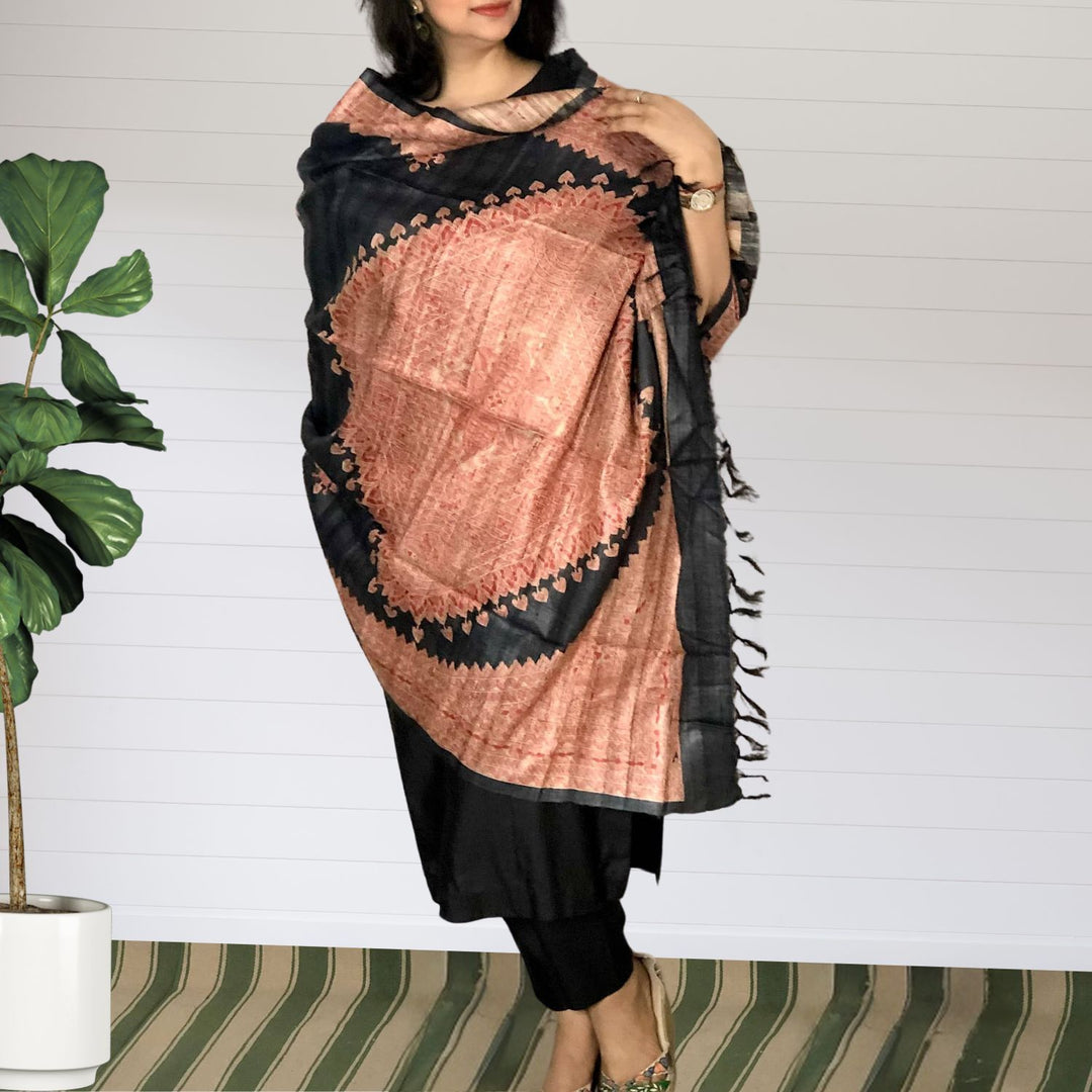 Agalya Madhubani Painted Tussar Dupatta | Artistic | Statement Drape | Black