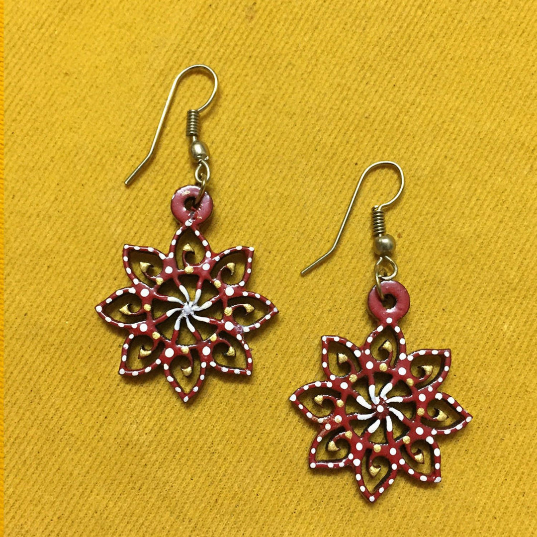 Red Flower  Tikuli Art Drop Earrings | Artistic | Rustic Jewelry | Everyday Wear