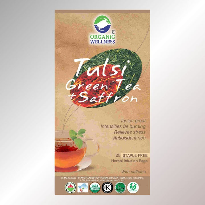 Tulsi Green Tea + Saffron | Caffeine Free | Organic | 25 Staple Free Tea Bags