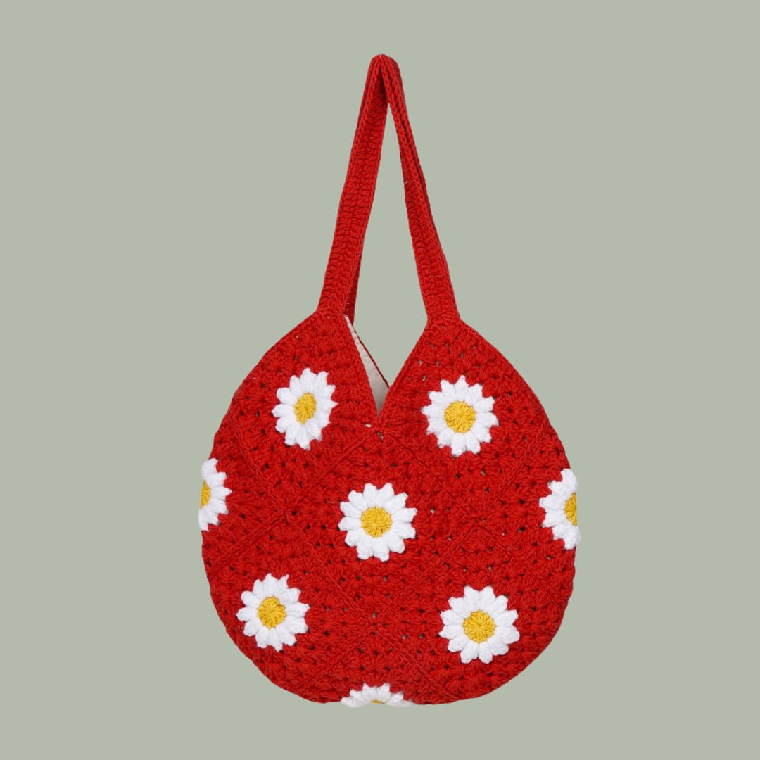 Hand-Crafted Daisy Tote Bag | Hand-Crochet | Cotton Yarn | Sustainable | Red