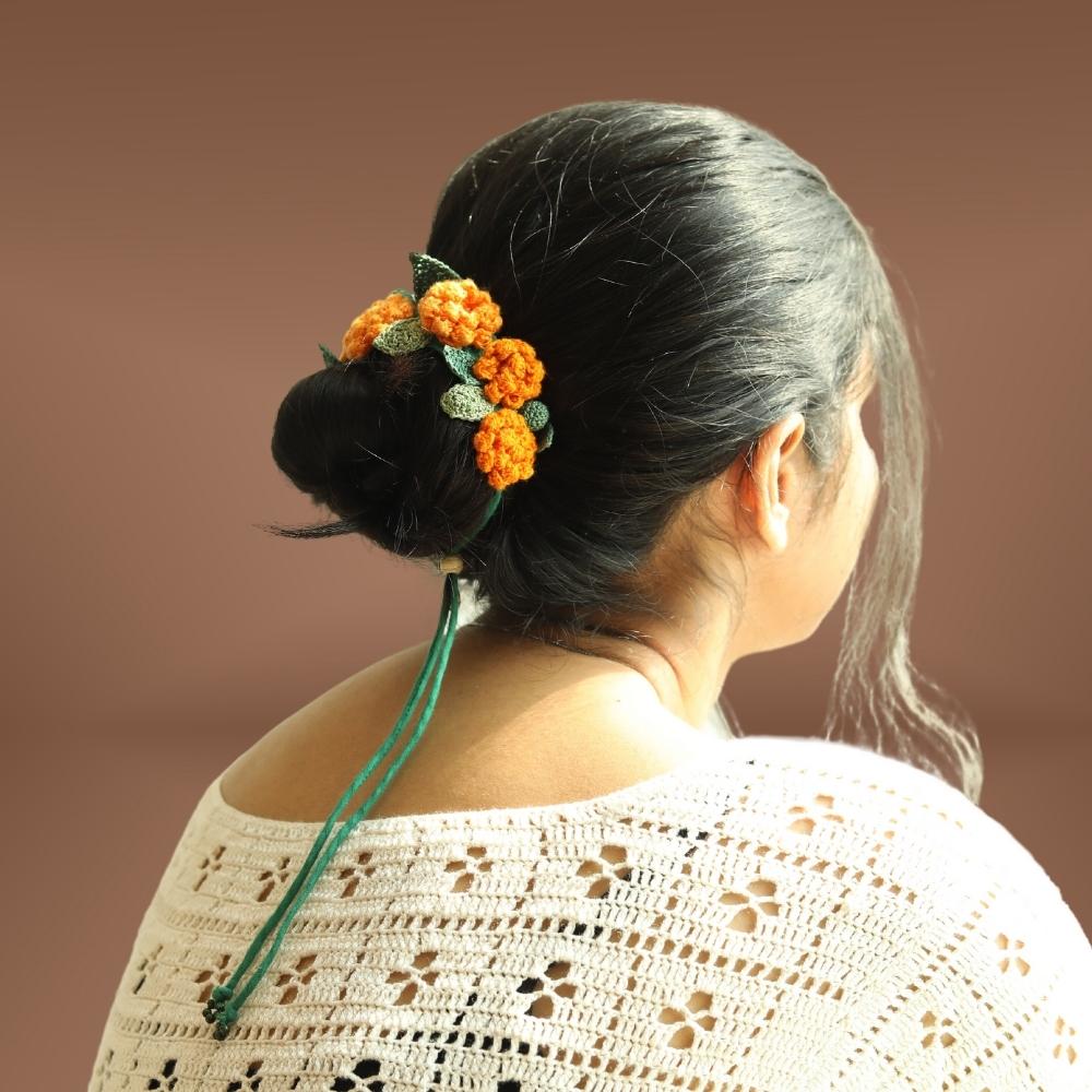 Marigold Crochet Hair String | Hand-crafted  | Cotton | Tangerine and Green