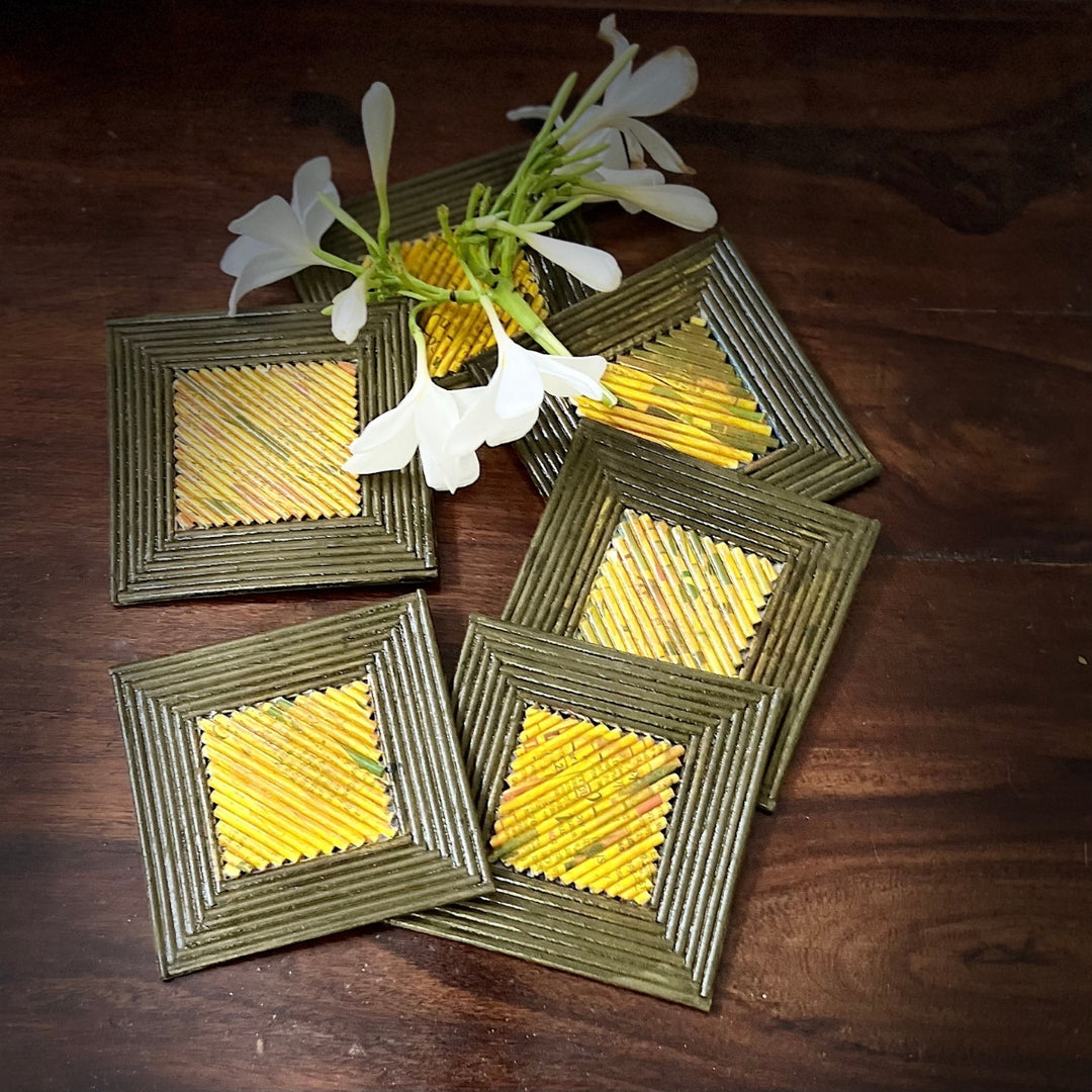 Brown & Ochre Square Coasters | Durable Artistic | Table Ware | Set of 6