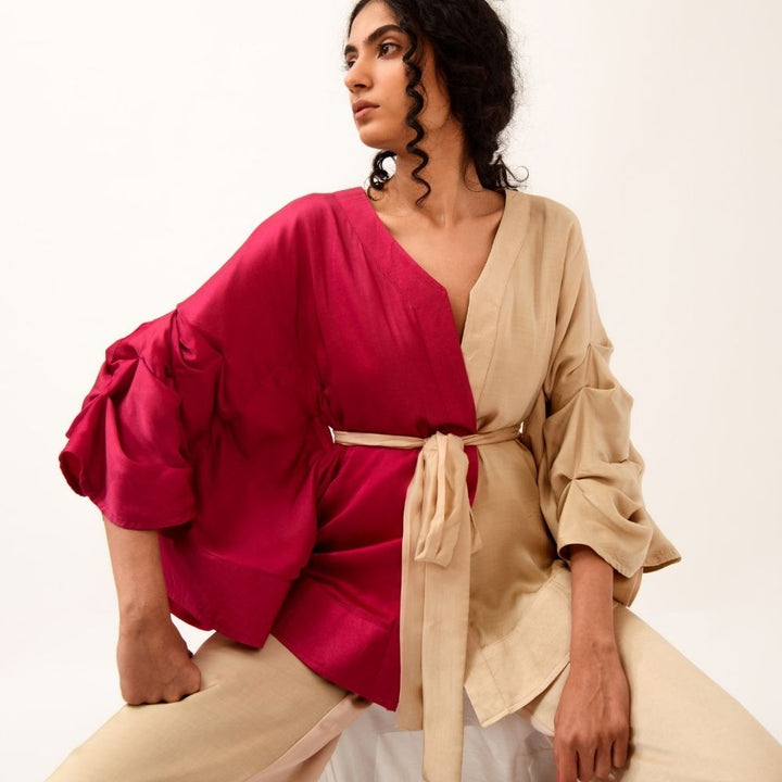 Berry And Ecru Colour Block Cape Co-ord Set | Bemberg Modal Silk