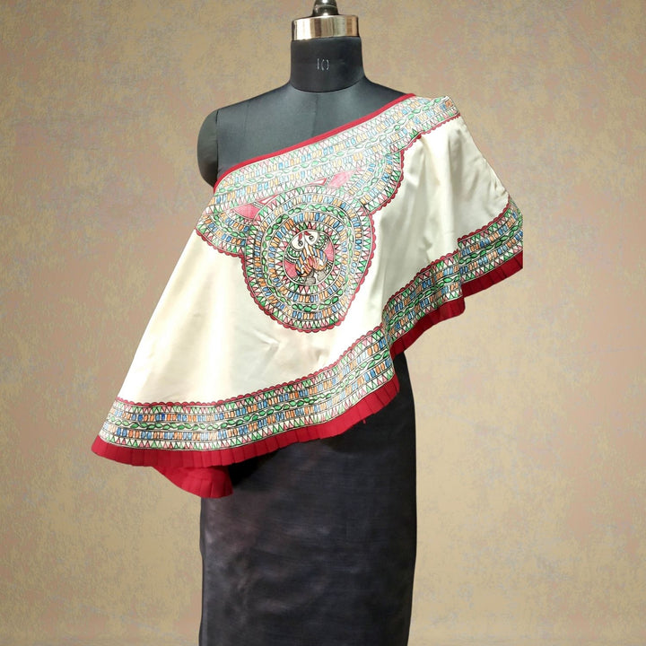 Hand Painted Fishy Cape | Tussar Eri Silk | Madhubani-Art | Beige