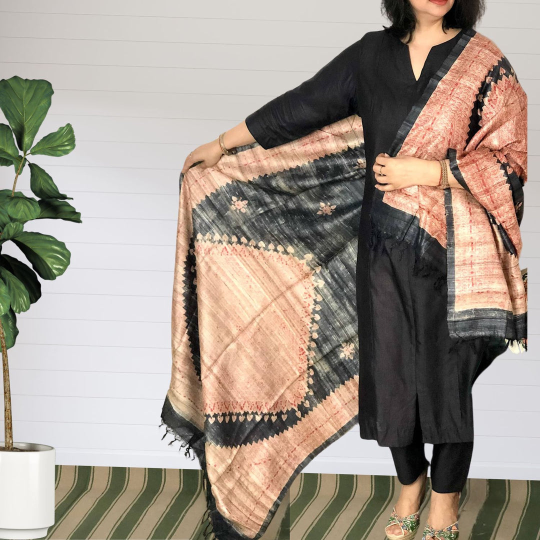 Agalya Madhubani Painted Tussar Dupatta | Artistic | Statement Drape | Black