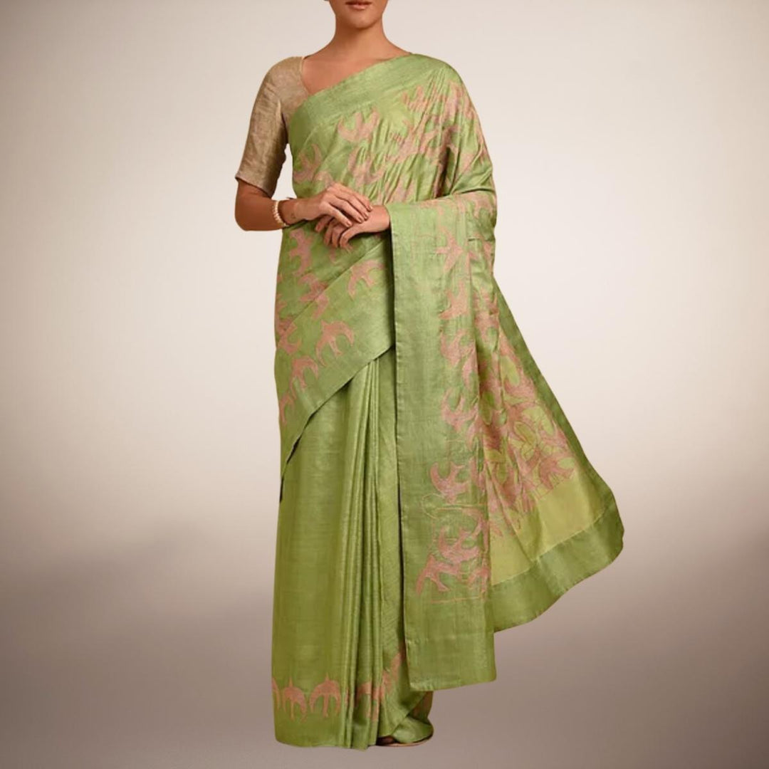 Pear Green Tussar Silk Saree | Sujani Craft | Formal & Festive | Embroidered