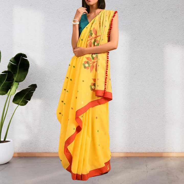 Saffron Yellow Jamdani  Cotton Mul Mul  Saree | Hand Crafted | Super Soft | Vibrant