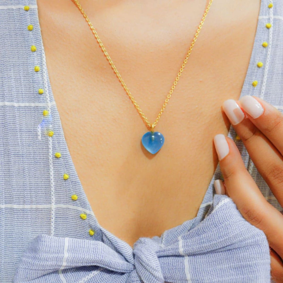 Blue Chalcedony Stone Pendant With Golden Chain | Healing Stone | Artistic