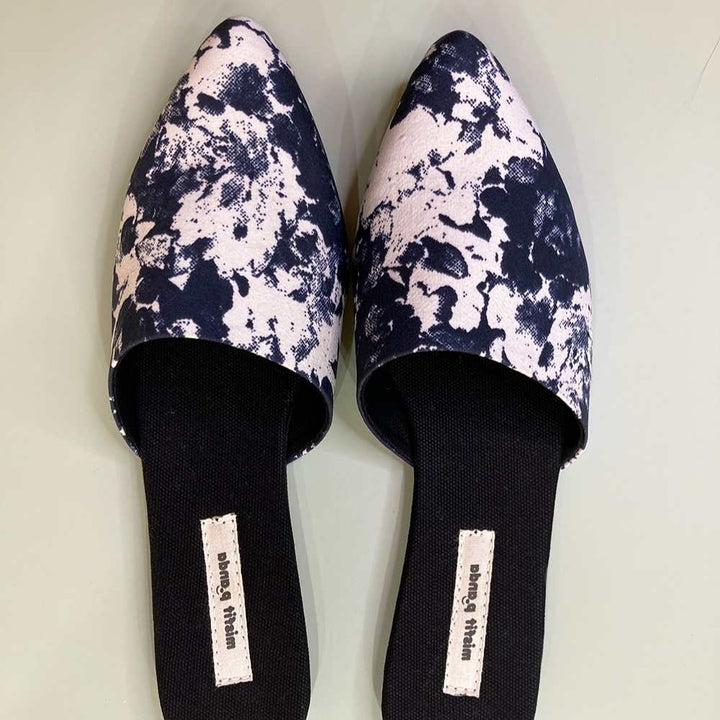 Marble Printed Curved Mules For Women | R-Elan Fabric | Black & White