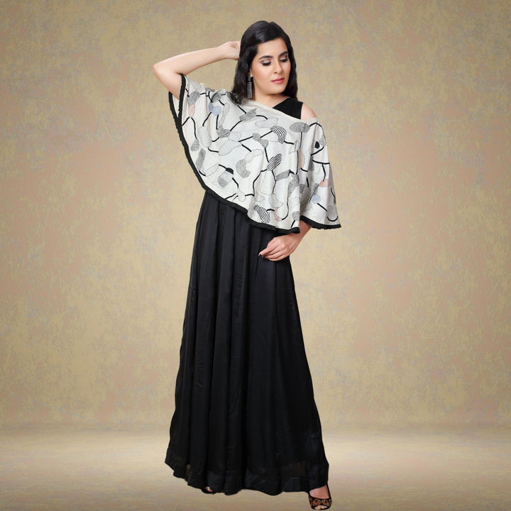 Beejo Tussar Eri Silk Cape | Sujani Hand-Embroidered | Black & White