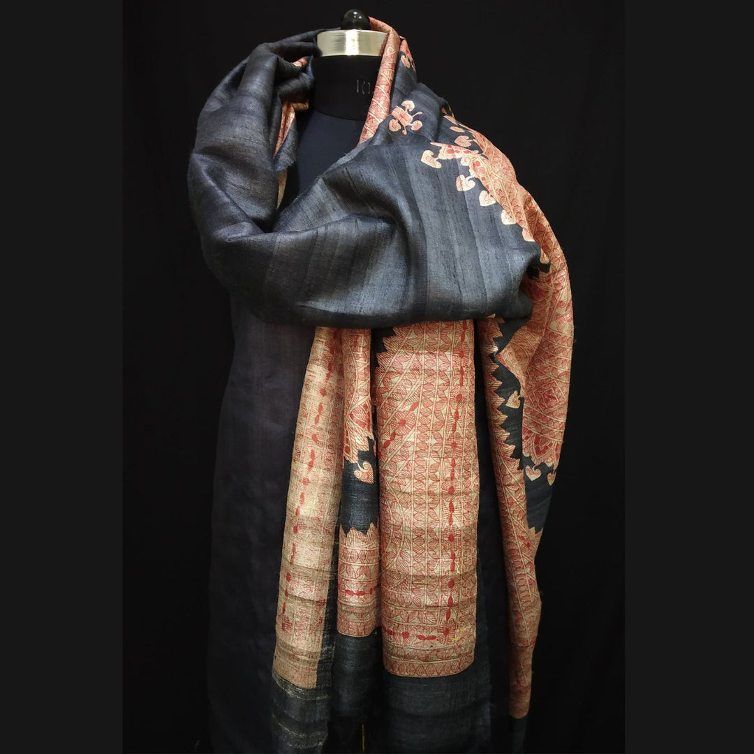 Agalya Madhubani Painted Tussar Dupatta | Artistic | Statement Drape | Black