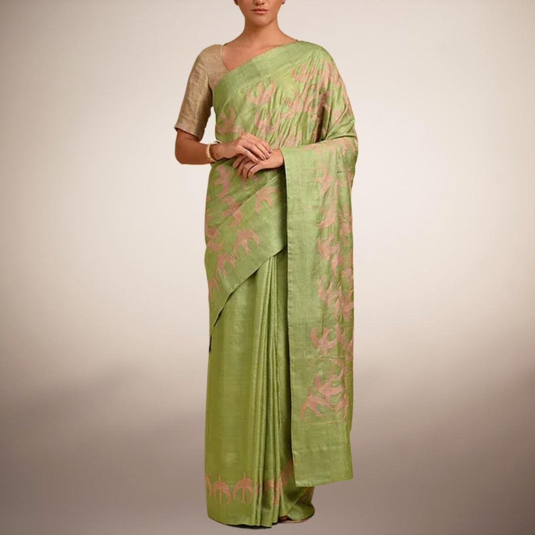 Pear Green Pure Tussar Silk Handloom Saree | Classic Sujani Craft | Formal & Festive