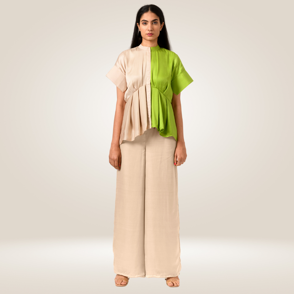 Ecru Green Half Half Blouse | Bemberg Modal Silk | Sustainable