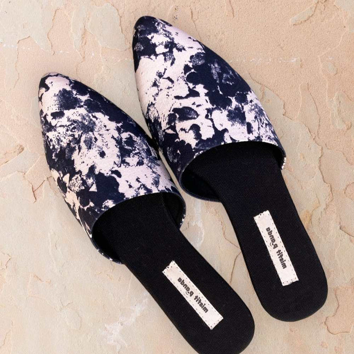 Marble Printed Curved Mules For Women | R-Elan Fabric | Black & White