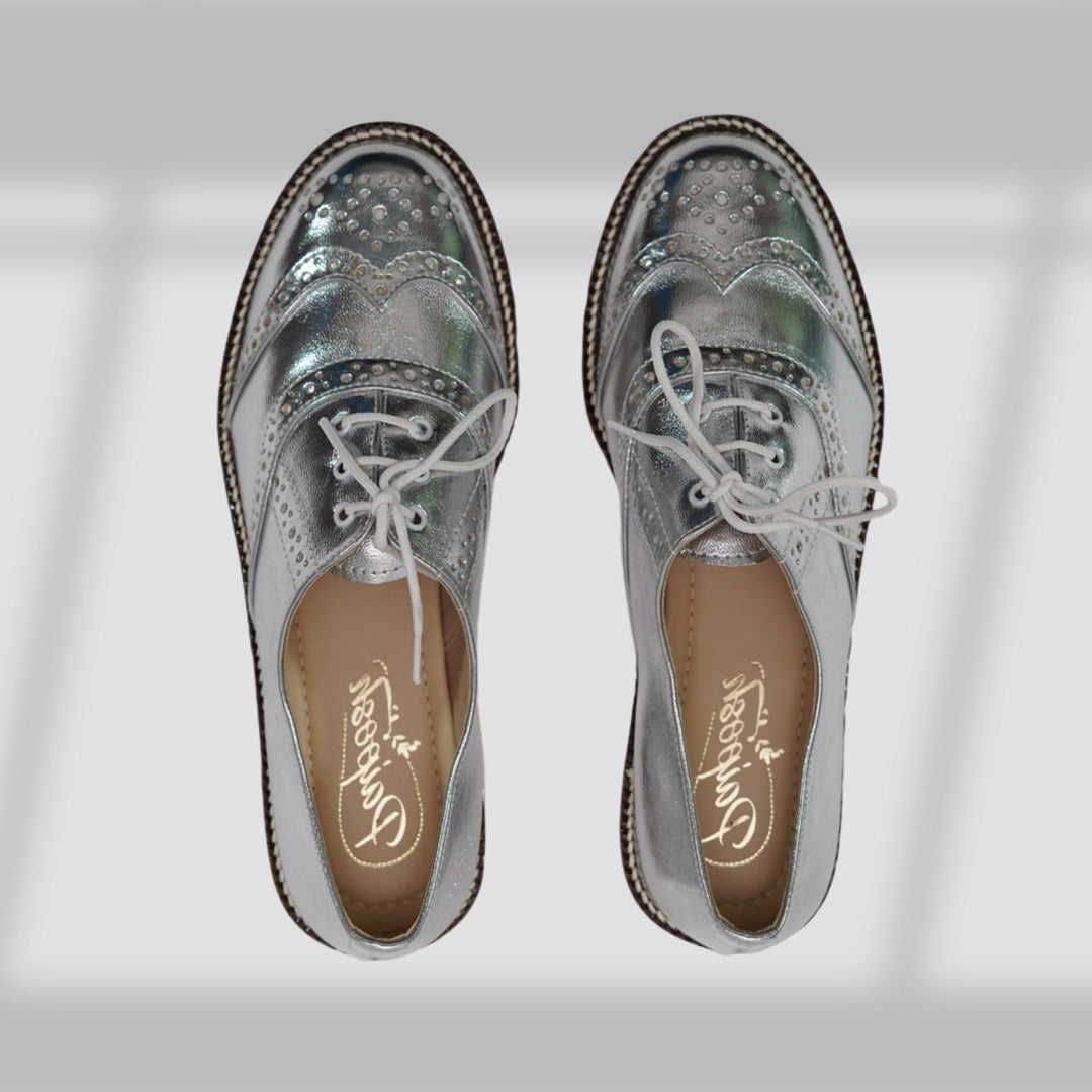 Oxford Brogues | Hand Made & Hand-Crafted | Women Shoes | Silver Metallic