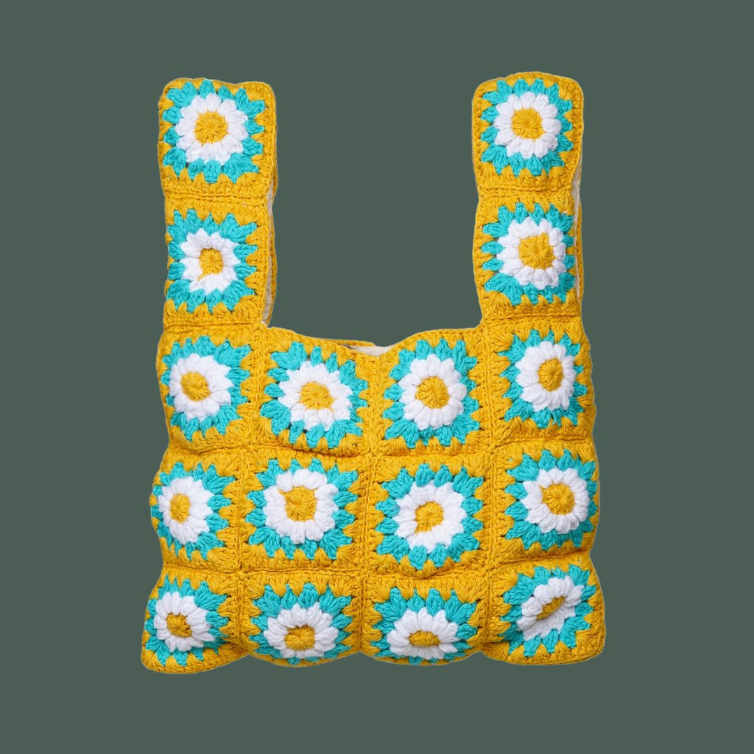 Square Floral Shoppers Tote Bag  | Hand-Crochet | Cotton Yarn | Tuscany Yellow