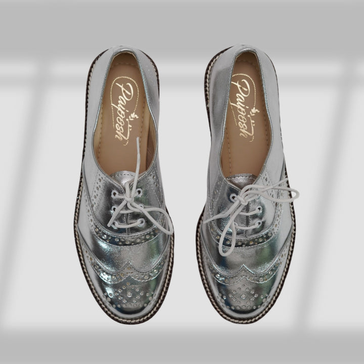 Oxford Brogues | Hand-Crafted | Women Shoes | Comfortable | Silver Metallic