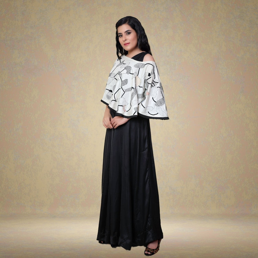 Beejo Tussar Eri Silk Cape | Sujani Hand-Embroidered | Black & White