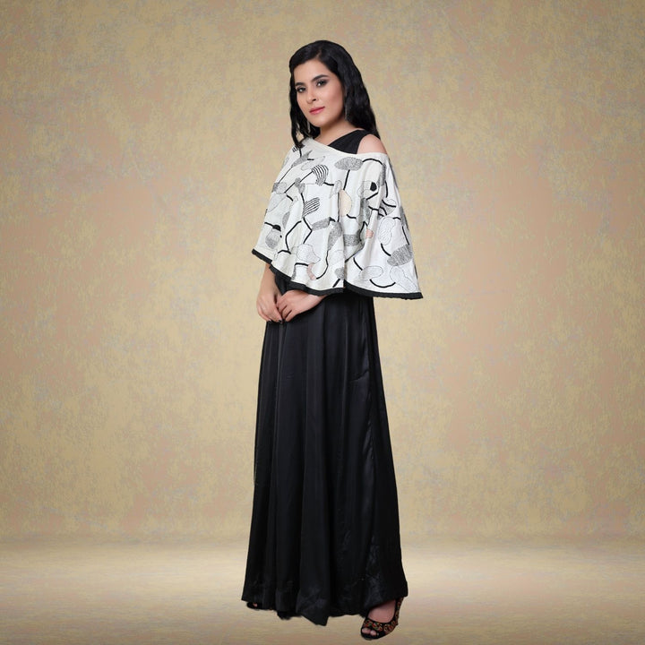 Beejo Tussar Eri Silk Cape | Sujani Hand-Embroidered | Black & White