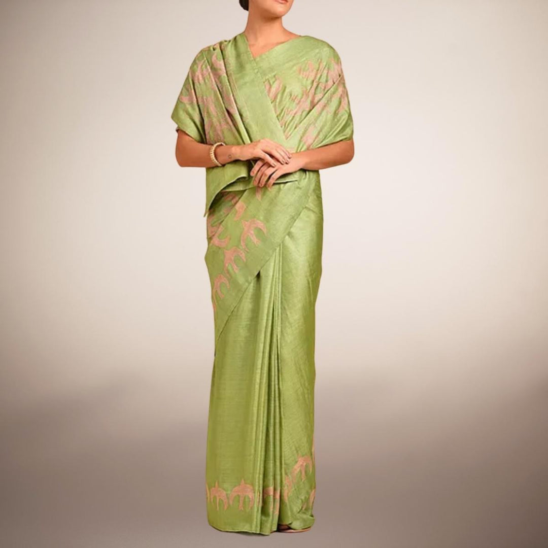 Pear Green Tussar Silk Saree | Sujani Craft | Formal & Festive | Embroidered