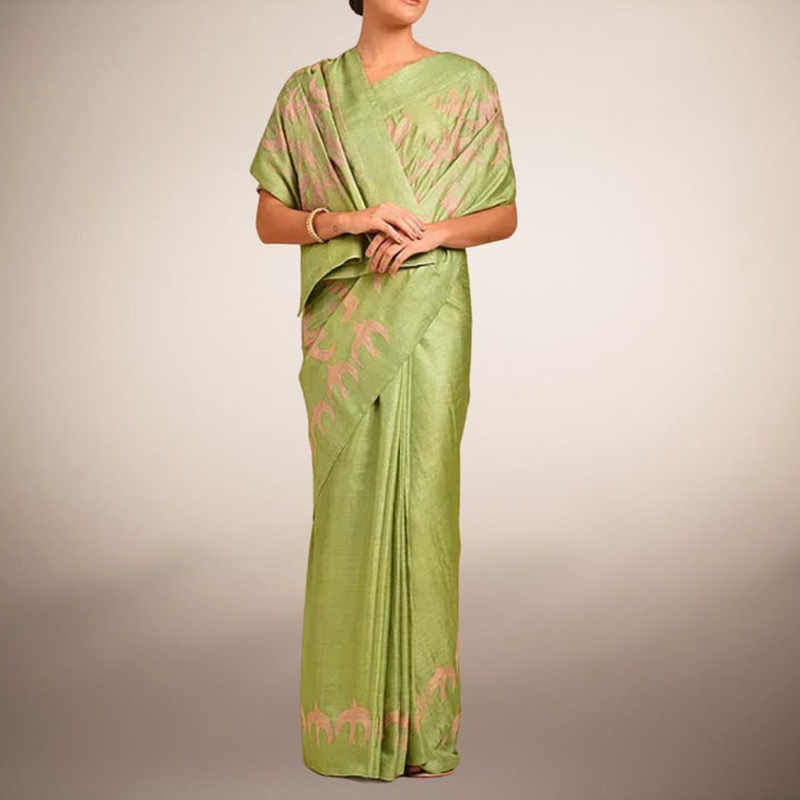 Pear Green Tussar Silk Saree | Sujani Craft | Formal & Festive | Embroidered