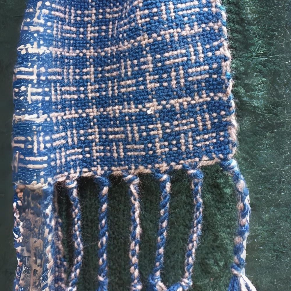 Hand Woven And Loom Knitted Woollen Reversible Muffler With Fringes | Blue & Beige | Unisex | Winter Wear 