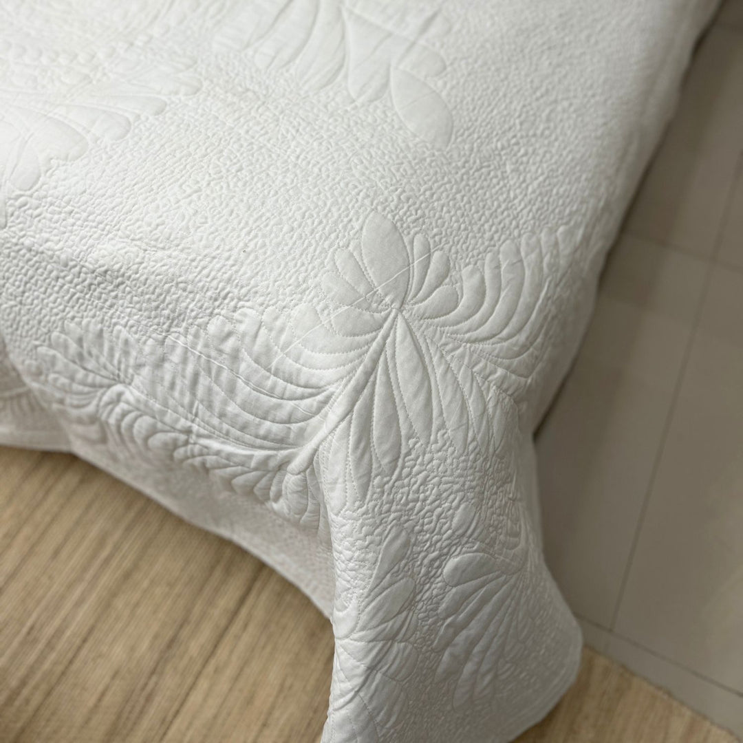 White Cotton Paisley Embroidered Quilt | Dreamscape Allure | 254 x 280 CM