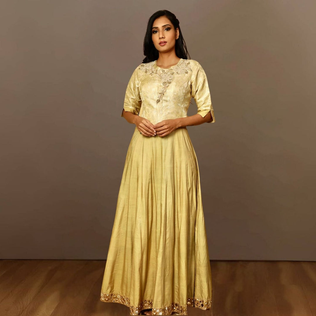 Meher Tussar Silk Waist Cut-Out Gown | Hand-Crafted | Graceful Evening Wear | Golden