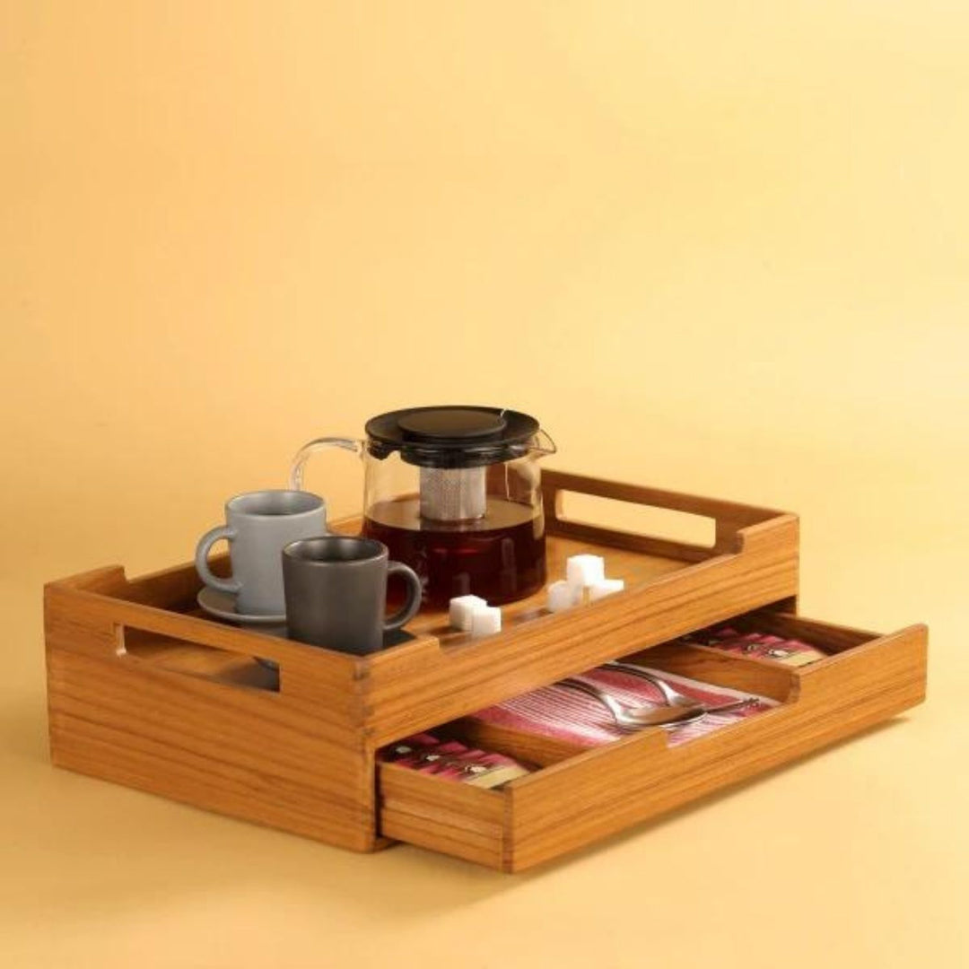 Cresta Serving Tray With Teabags Drawer | Teak Wood | Hand-Crafted |16 Inch