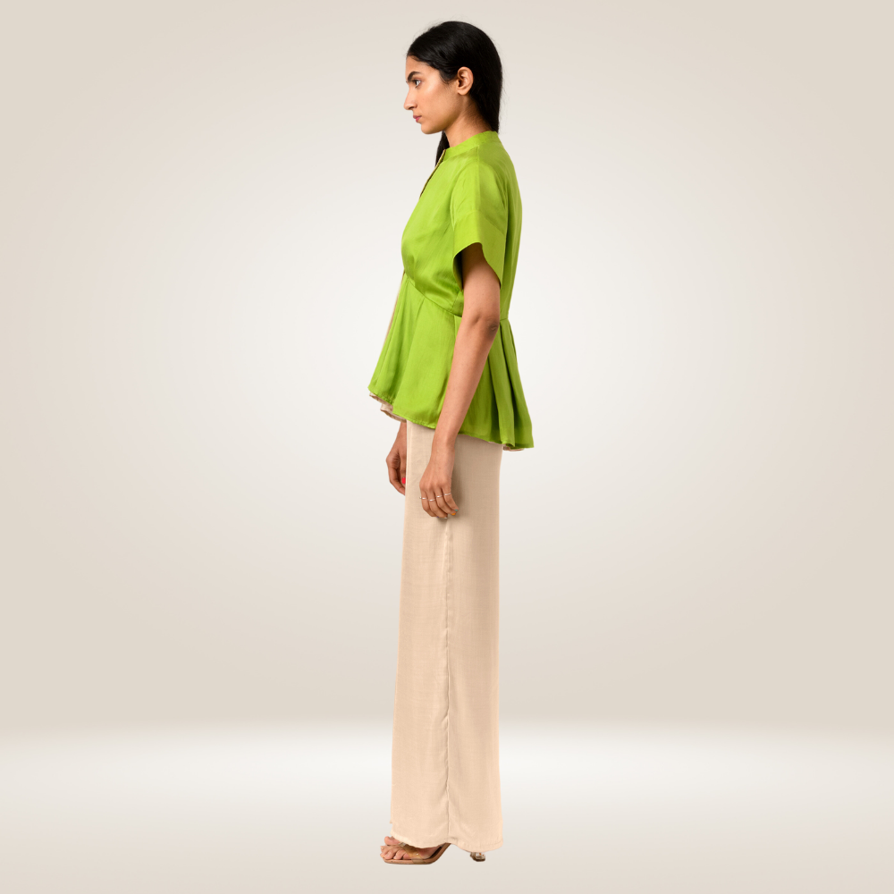 Ecru Green Half Half Blouse | Bemberg Modal Silk | Subtle Sophistication