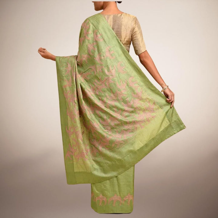 Pear Green Tussar Silk Saree | Sujani Craft | Formal & Festive | Embroidered