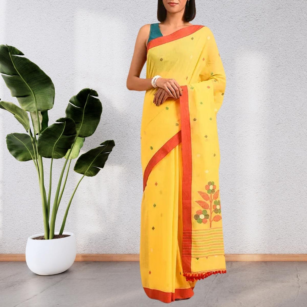 Saffron Yellow Jamdani  Cotton Mul Mul  Saree | Hand Crafted | Super Soft | Vibrant