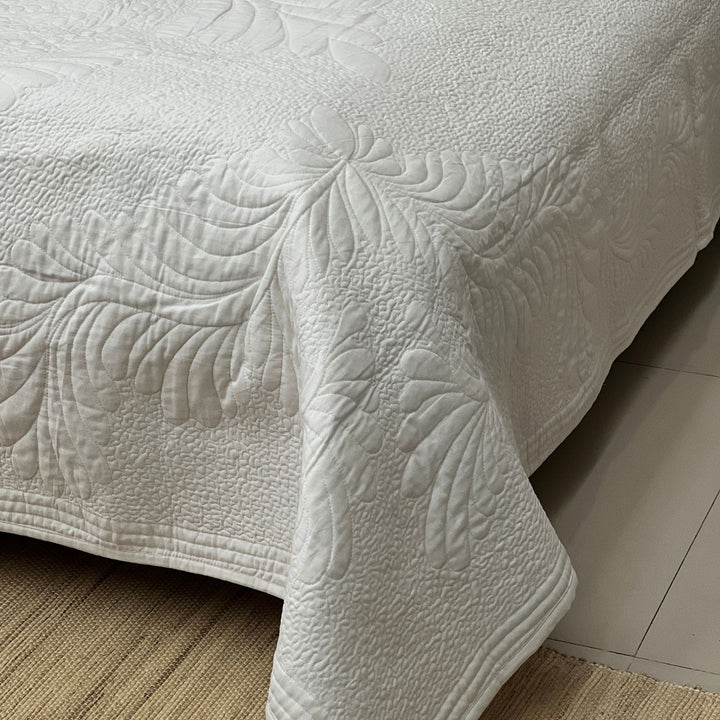 White Cotton Paisley Embroidered Quilt | Dreamscape Allure | 254 x 280 CM