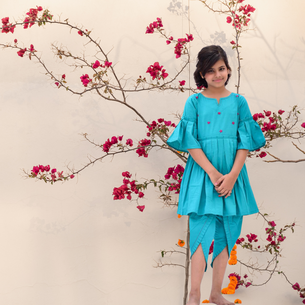 Bahar Dhoti Set | Kurta And Dhoti Set | Girls Festive Wear | Embroidered | Cotton | Turquoise