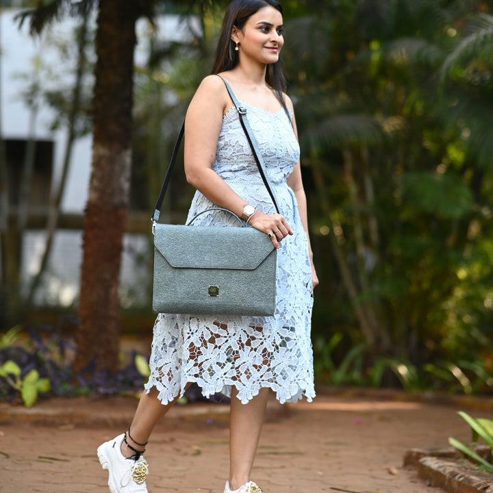 Laptop Bag With Handle And Sling | Made of Coconut Leather | Unisex | Powder Blue