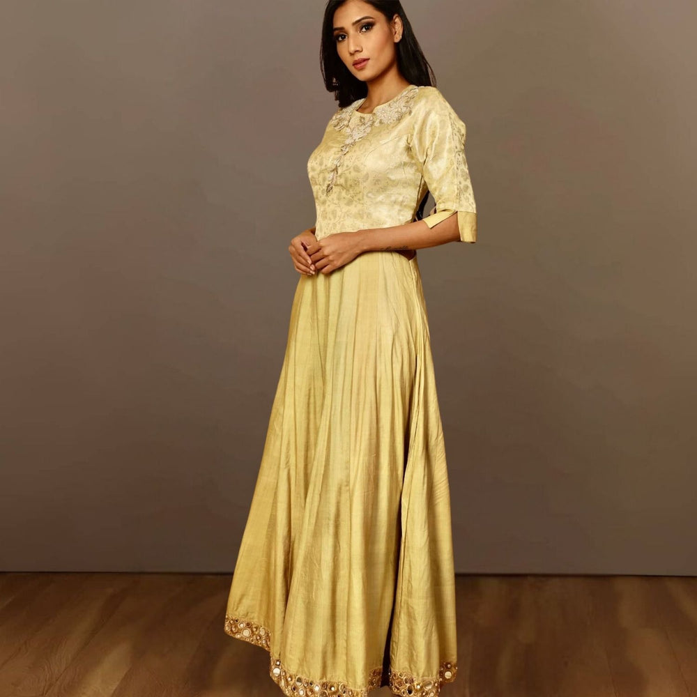 Meher Tussar Silk Waist Cut-Out Gown | Hand-Crafted | Graceful Evening Wear | Golden