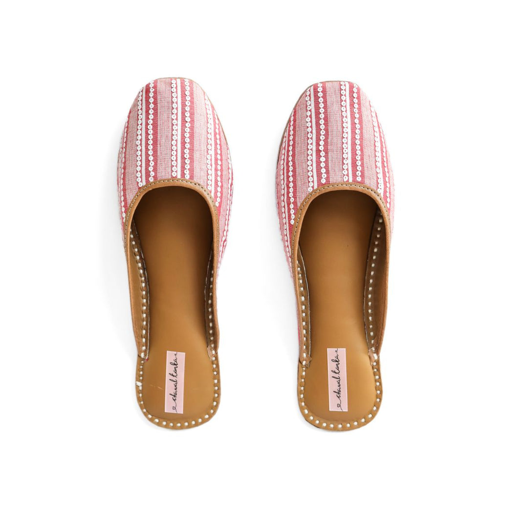 Trendy Stripes Hand-Crafted Women Juttis | Embellished | Crimson Red & White