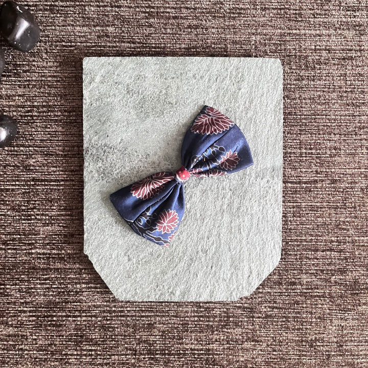 Floral Hair Bow Clip For Girls | Hand Crafted | Comfortable | Ajrakh Modal | Dark Blue