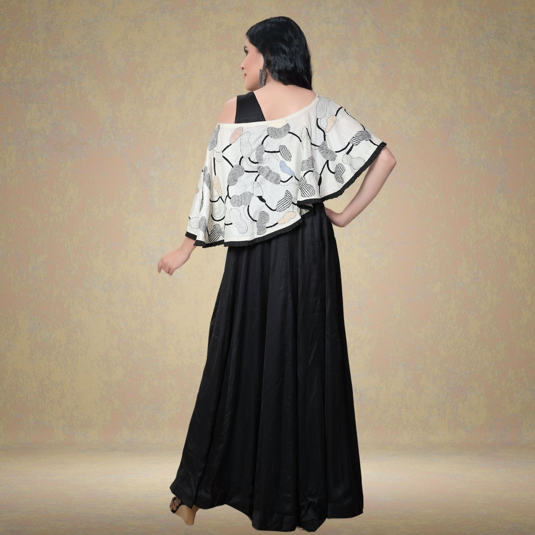 Beejo Tussar Eri Silk Cape | Sujani Hand-Embroidered | Black & White