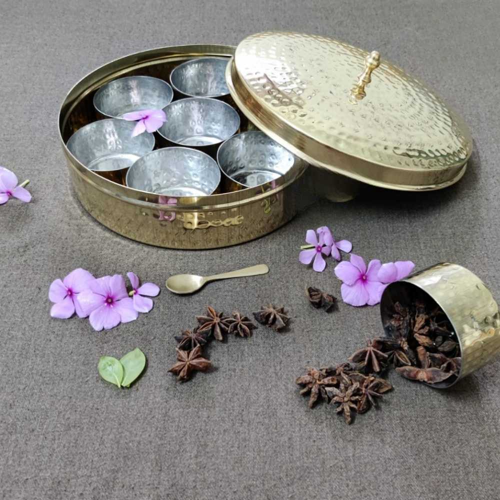 Hammered Pattern Spice Box In Kansa Metal With Tin Coated Pyaali | 9 Inch