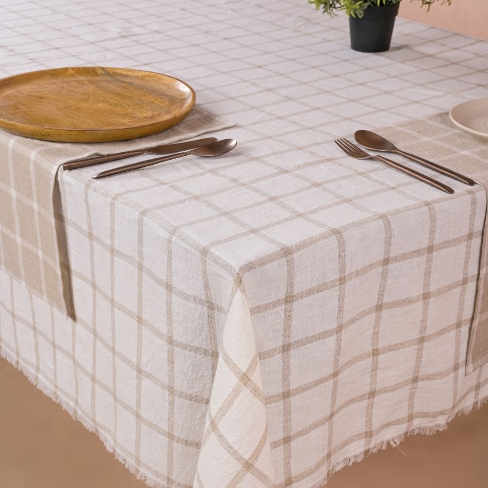 White Natural Checks Linen Tablecloth | Consciously Hand-Crafted By Artisans