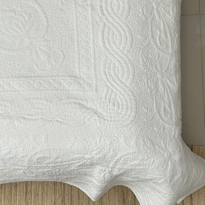 White Cotton Round Medallion Embroidered Quilt | Ornate Elegance | 228 x 280 CM